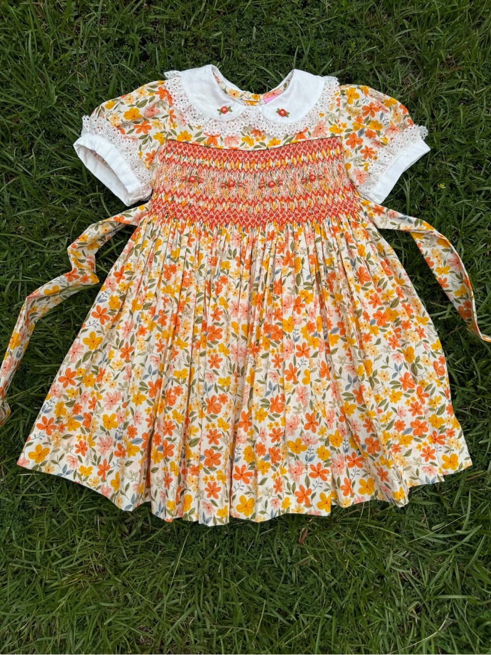 Orange Floral Hand Smocked Dress